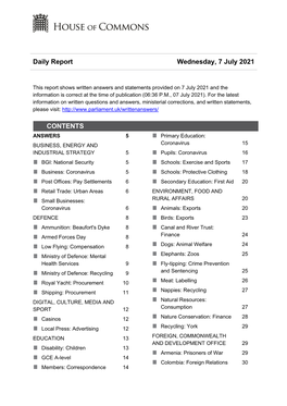 Daily Report Wednesday, 7 July 2021 CONTENTS