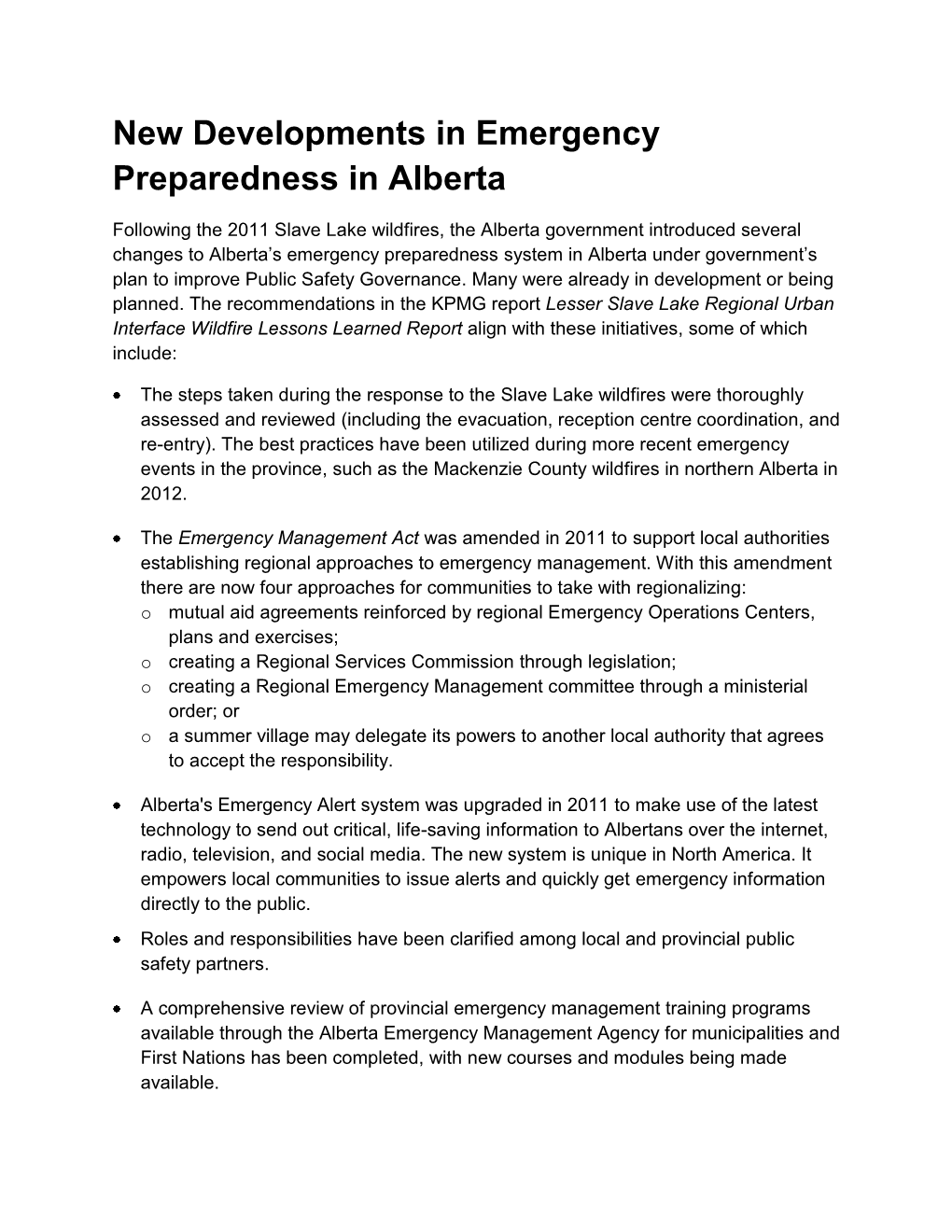 New Developments in Emergency Preparedness in Alberta