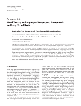 Review Article Metal Toxicity at the Synapse: Presynaptic, Postsynaptic, and Long-Term Effects