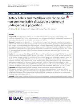 Dietary Habits and Metabolic Risk Factors for Non-Communicable Diseases in a University Undergraduate Population F