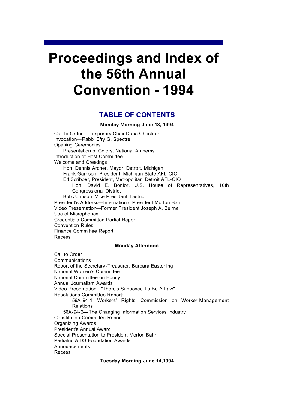 Proceedings and Index of the 56Th Annual Convention - 1994