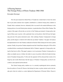 A Passing Interest: the Foreign Policy of Pierre Trudeau 1968-1984