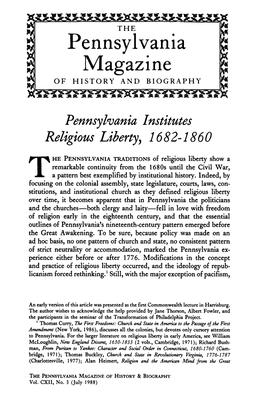 Pennsylvania Institutes Religious Liberty, 1682-1860