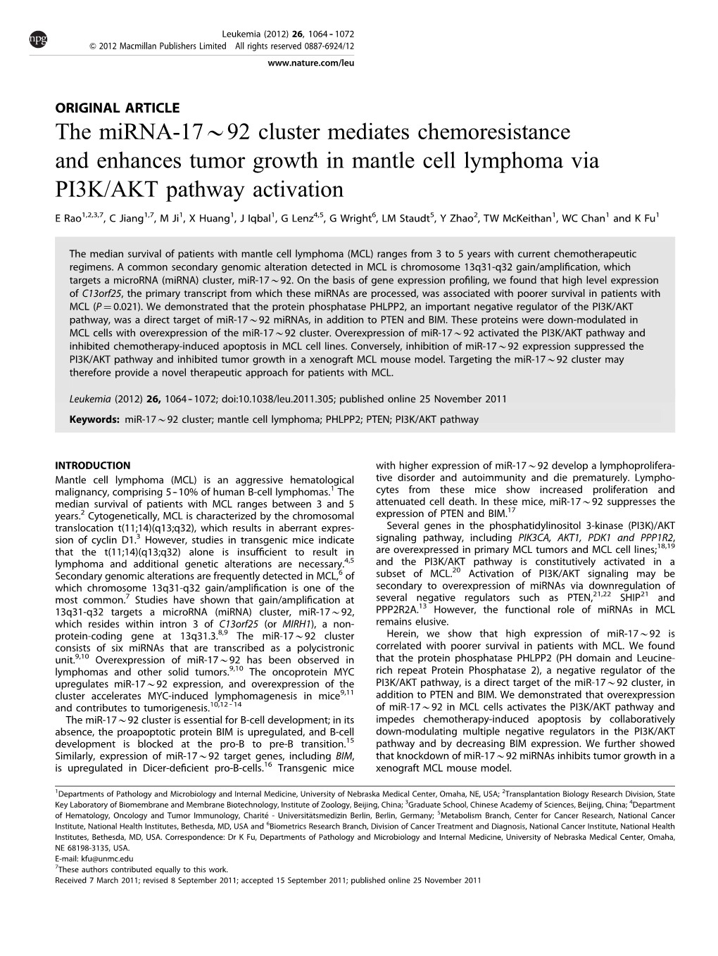 92 Cluster Mediates Chemoresistance and Enhances Tumor Growth in Mantle Cell Lymphoma Via PI3K/AKT Pathway Activation