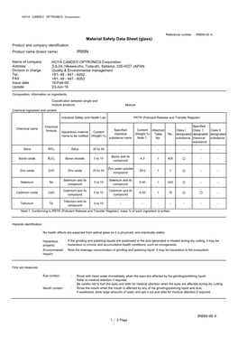 IR85N-00 a Material Safety Data Sheet (Glass) Product and Company Identification Product Name (Brand Name) IR85N