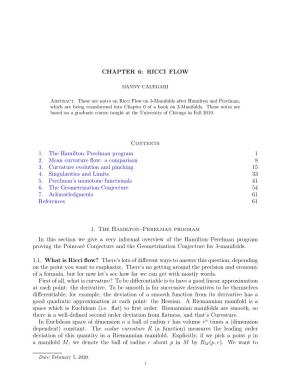 CHAPTER 6: RICCI FLOW Contents 1. the Hamilton–Perelman Program