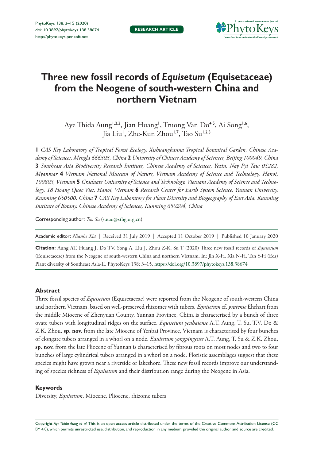 Three New Fossil Records of Equisetum (Equisetaceae) from the Neogene of South-Western China and Northern Vietnam