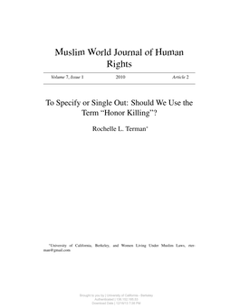 To Specify Or Single Out: Should We Use the Term "Honor Killing"?