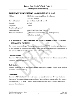 Queens West (Hunter’S Point) Parcel 11 Draft Upland Site Summary