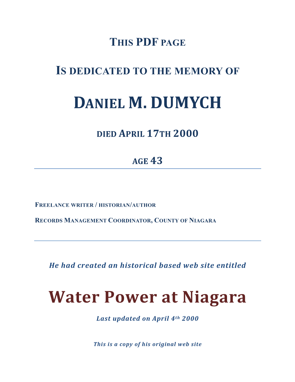 DANIEL M.DUMYCH Water Power at Niagara