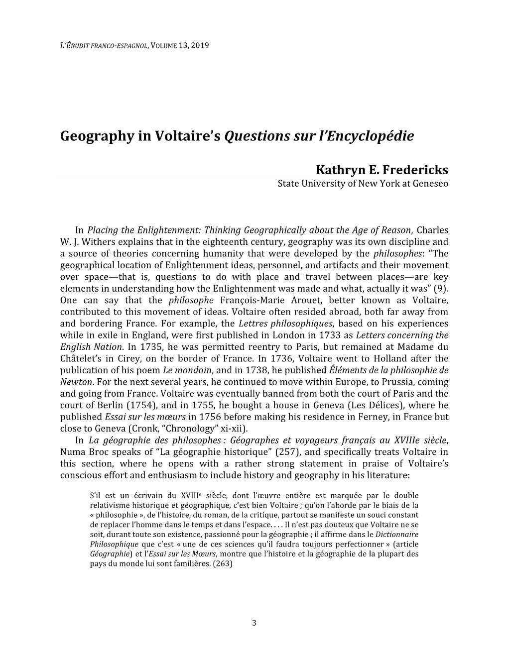 Geography in Voltaire's Questions Sur L'encyclopédie