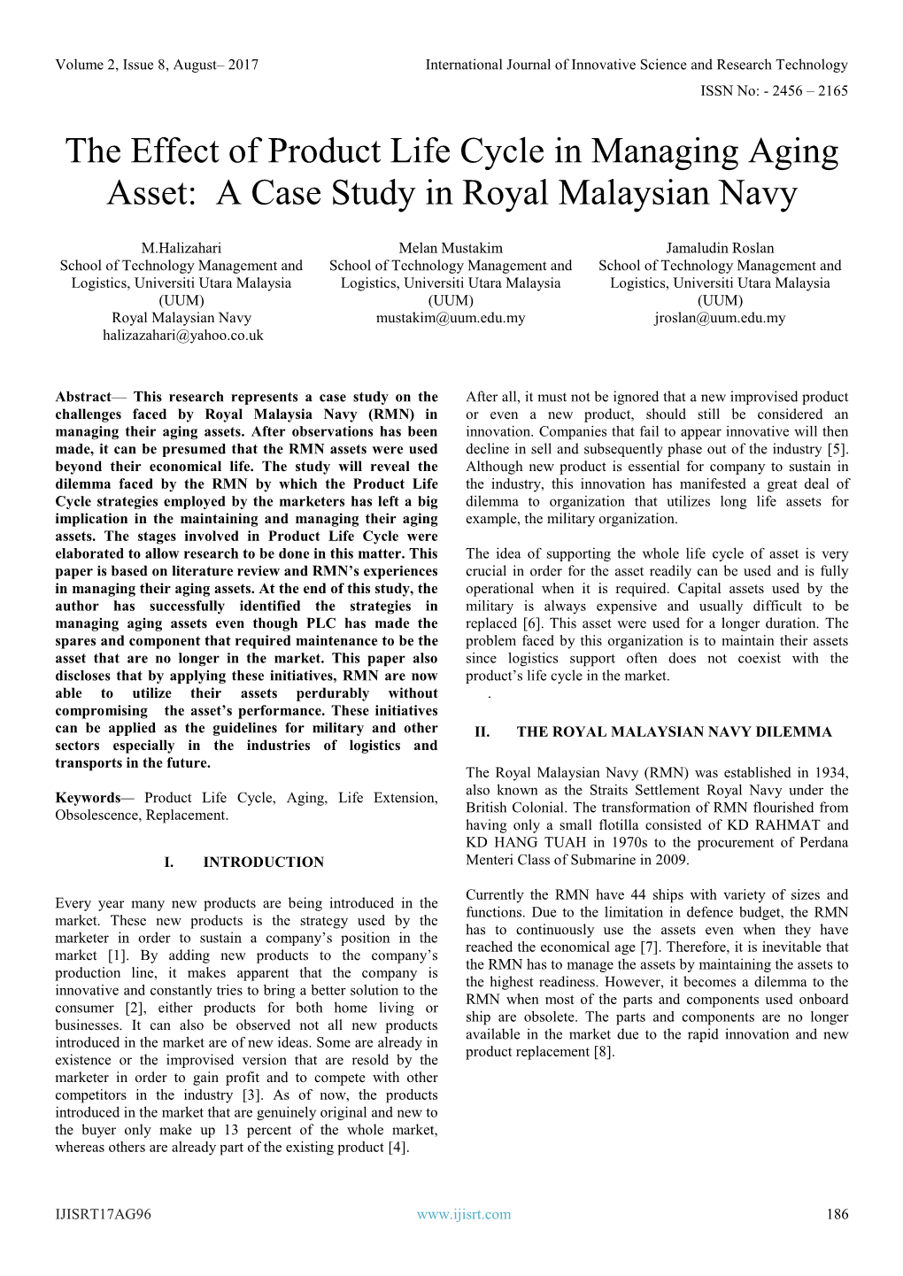 The Effect of Product Life Cycle in Managing Aging Asset: a Case Study in Royal Malaysian Navy