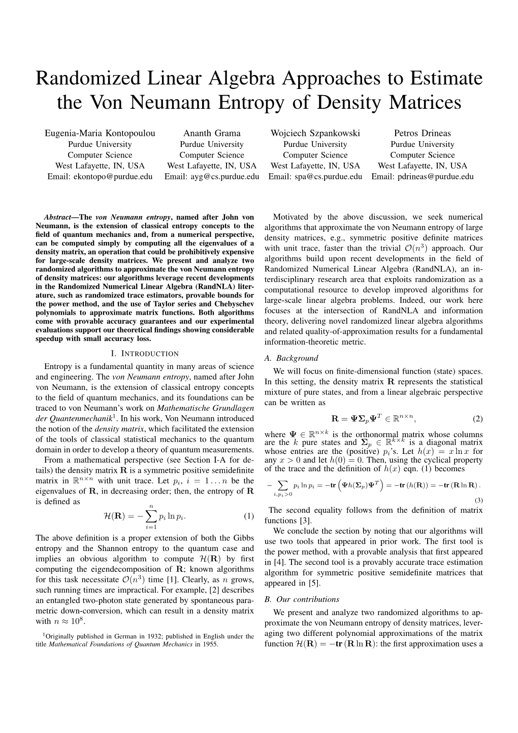 Randomized Linear Algebra Approaches to Estimate the Von Neumann Entropy of Density Matrices