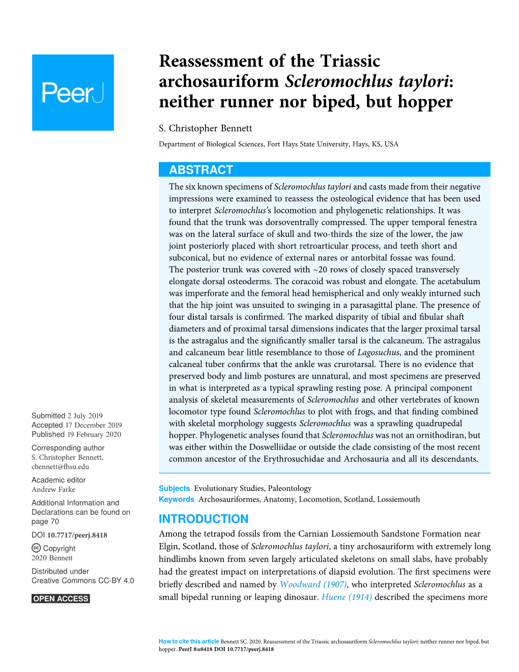 Reassessment of the Triassic Archosauriform Scleromochlus Taylori: Neither Runner Nor Biped, but Hopper