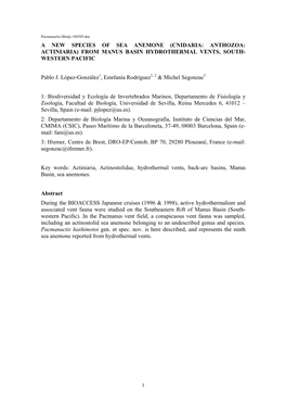 A New Species of Sea Anemone (Cnidaria: Anthozoa: Actiniaria) from Manus Basin Hydrothermal Vents, South- Western Pacific