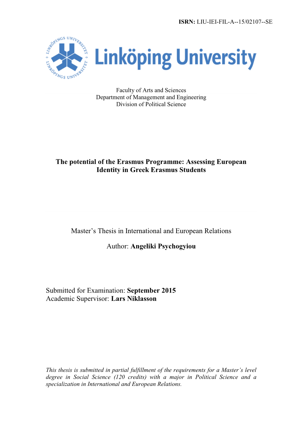 The Potential of the Erasmus Programme: Assessing European Identity in Greek Erasmus Students