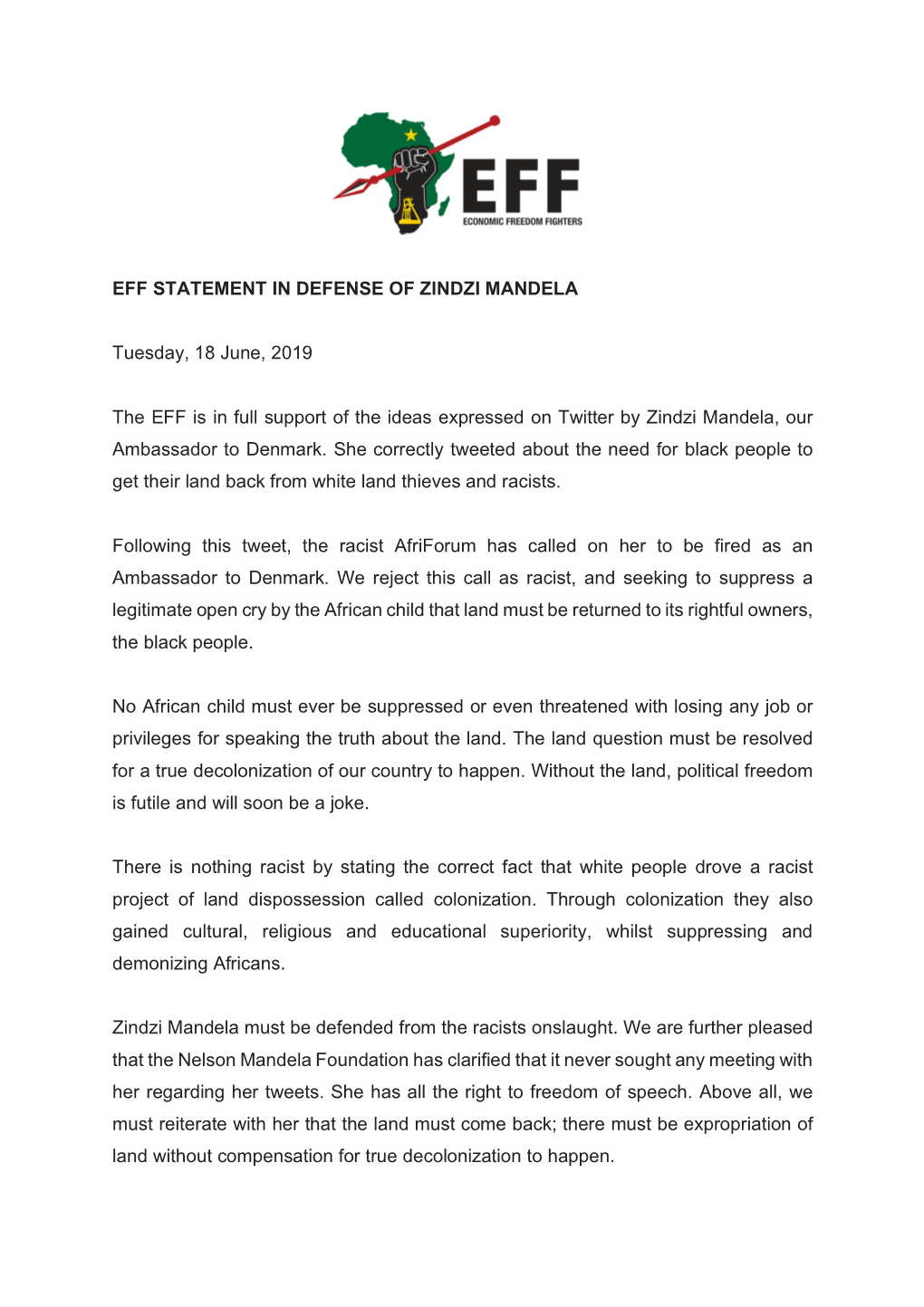 65 KB 8Th Jul 2019 EFF STATEMENT in DEFENSE of ZINDZI MANDELA