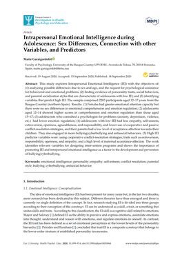 Intrapersonal Emotional Intelligence During Adolescence: Sex Diﬀerences, Connection with Other Variables, and Predictors