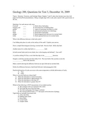 Geology 200, Questions for Test 3, December 16, 2009