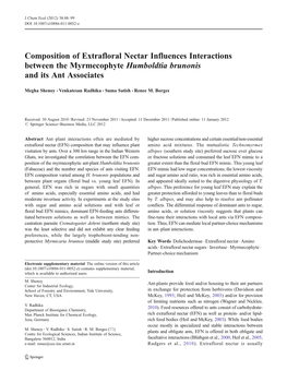 Composition of Extrafloral Nectar Influences Interactions Between the Myrmecophyte Humboldtia Brunonis and Its Ant Associates