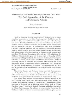 Freedmen in the Indian Territory After the Civil War: the Dual Approaches of the Choctaw and Chickasaw Nations