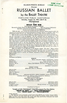 RUSSIAN BALLET by the Ballet Theatre PORTLAND PUBLIC AUDITORIUM Saturday, August 14, 1943, 2:30 P