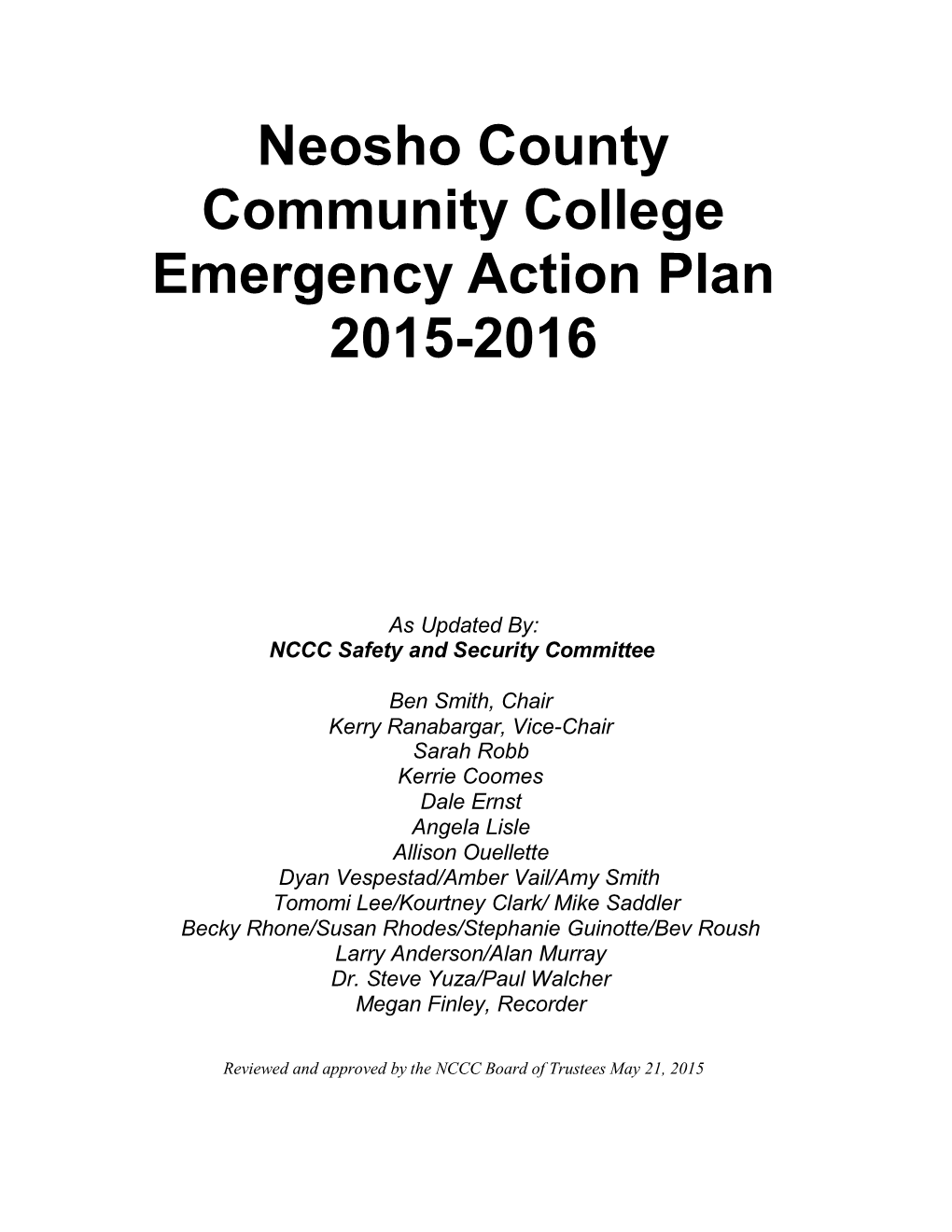 Neosho County Community College Emergency Action Plan 2015-2016