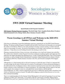 SWS 2020 Virtual Summer Meeting