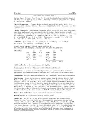 Kyanite Al2sio5 C 2001 Mineral Data Publishing, Version 1.2 ° Crystal Data: Triclinic