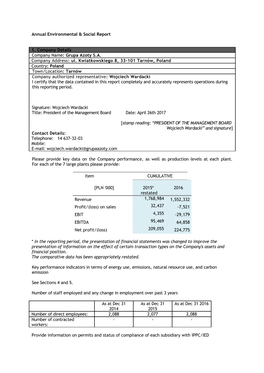 Annual Environmental & Social Report 1. Company Details Company Name: Grupa Azoty S.A. Company Address: Ul. Kwiatkowskiego 8