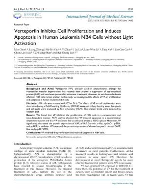 Verteporfin Inhibits Cell Proliferation and Induces Apoptosis in Human Leukemia NB4 Cells Without Light Activation