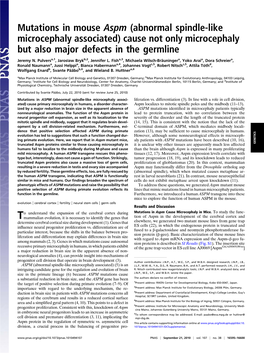 Mutations in Mouse Aspm (Abnormal Spindle-Like Microcephaly Associated) Cause Not Only Microcephaly but Also Major Defects in the Germline