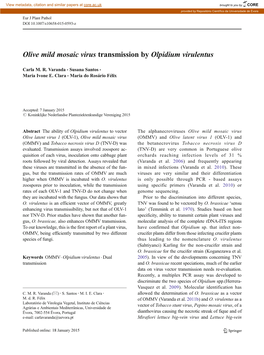 Olive Mild Mosaic Virus Transmission by Olpidium Virulentus