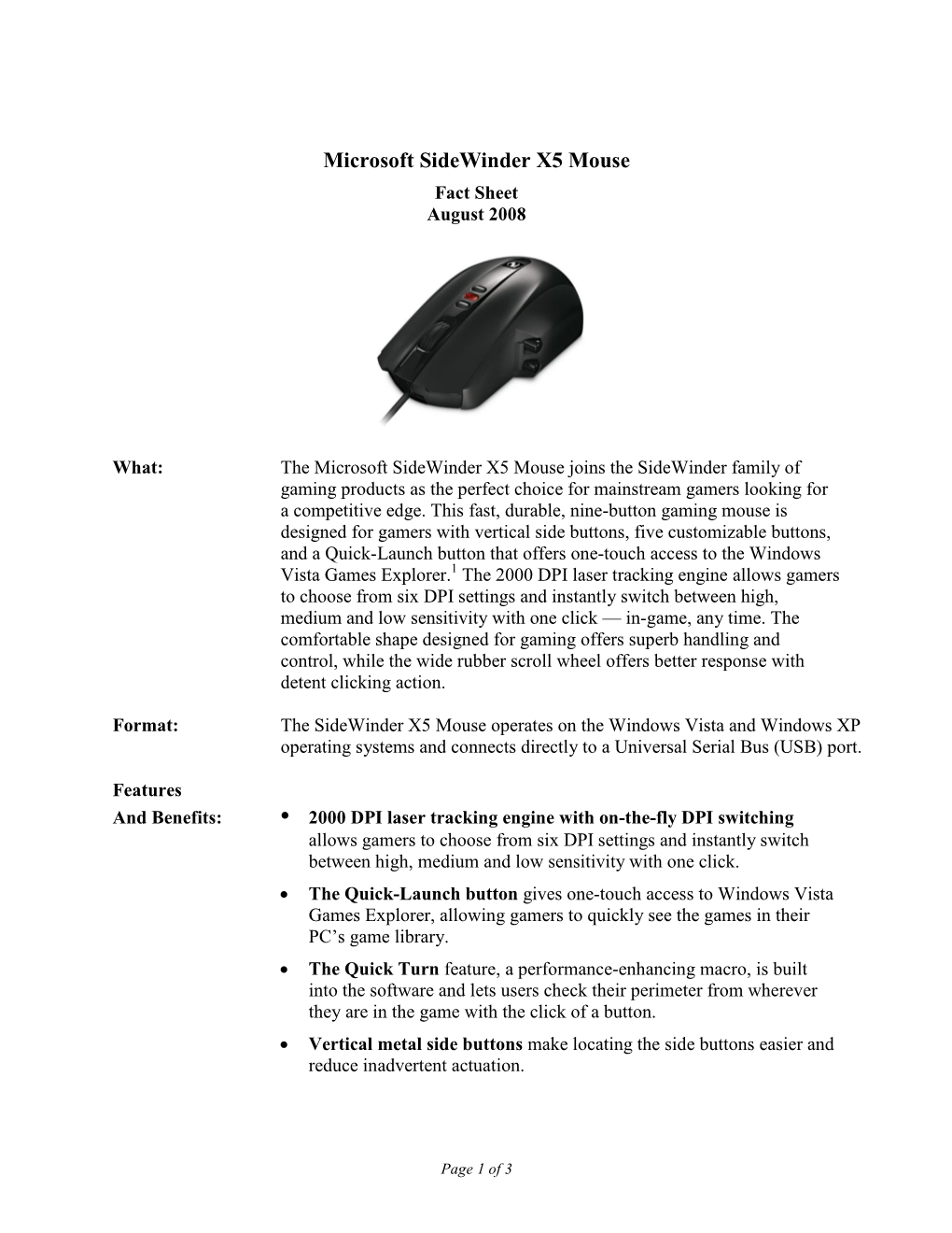 Microsoft Sidewinder X5 Mouse Fact Sheet August 2008