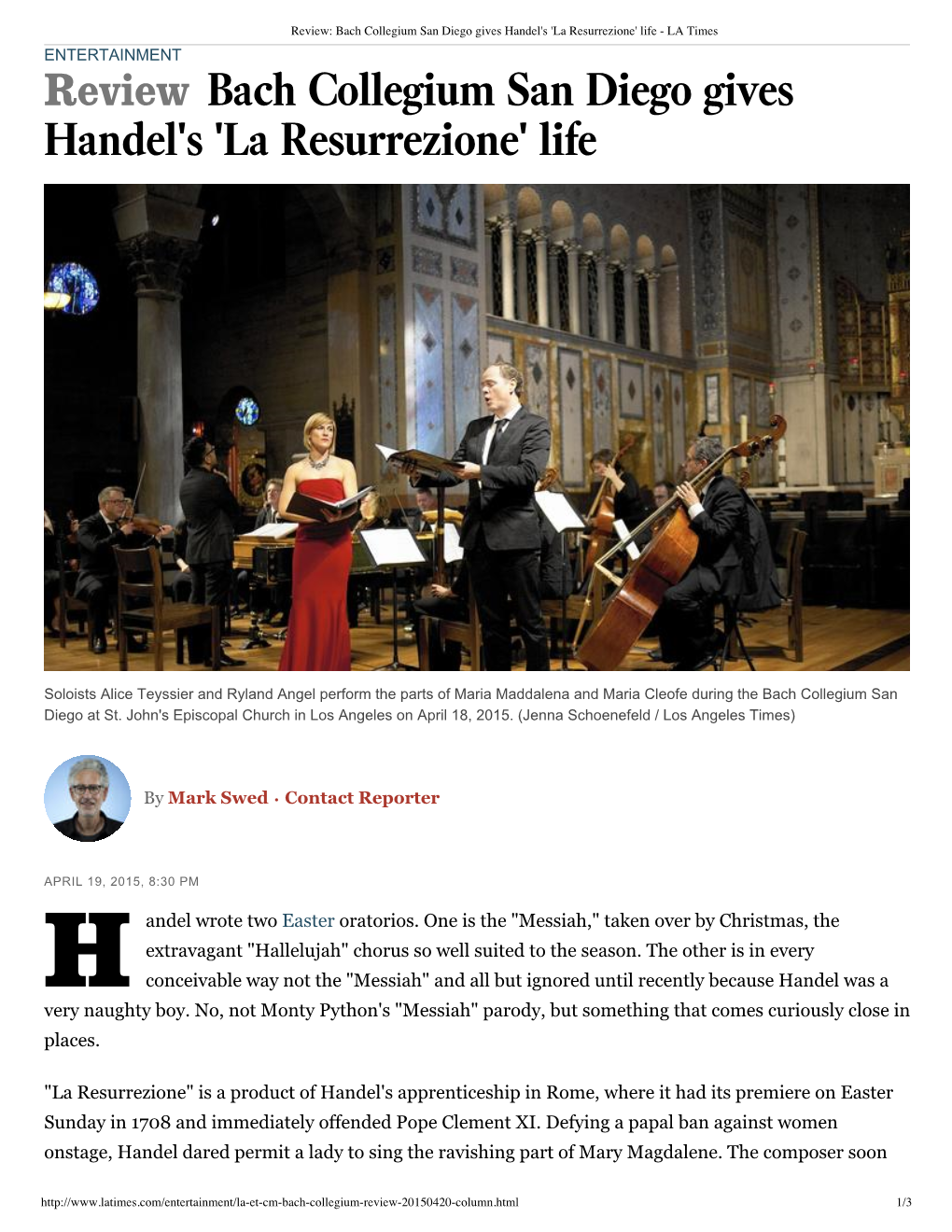 Review Bach Collegium San Diego Gives Handel's 'La Resurrezione' Life