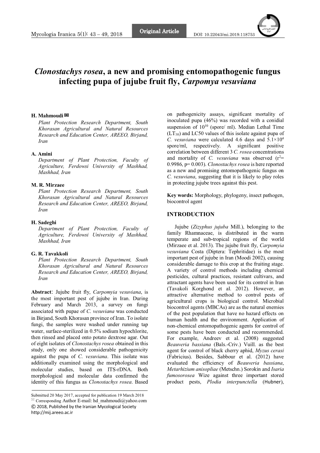 Clonostachys Rosea, a New and Promising Entomopathogenic Fungus Infecting Pupa of Jujube Fruit Fly, Carpomya Vesuviana