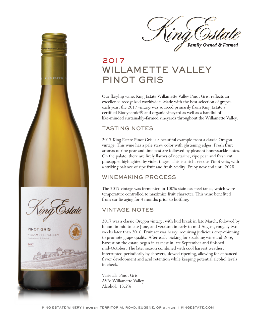 2017 King Estate Pinot Gris Is a Beautiful Example from a Classic Oregon Vintage