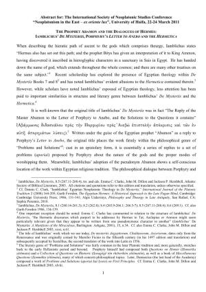 1 Abstract For: the International Society of Neoplatonic Studies Conference “Neoplatonism in the East – Ex Oriente Lux”, U