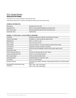 2011 Dodge Dakota SPECIFICATIONS All Dimensions Are in Inches (Millimeters) Unless Otherwise Noted