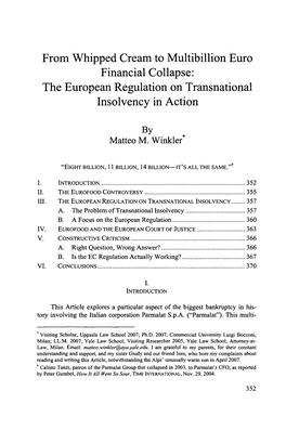 From Whipped Cream to Multibillion Euro Financial Collapse: the European Regulation on Transnational Insolvency in Action