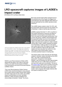 LRO Spacecraft Captures Images of LADEE's Impact Crater 28 October 2014, by Nancy Neal-Jones