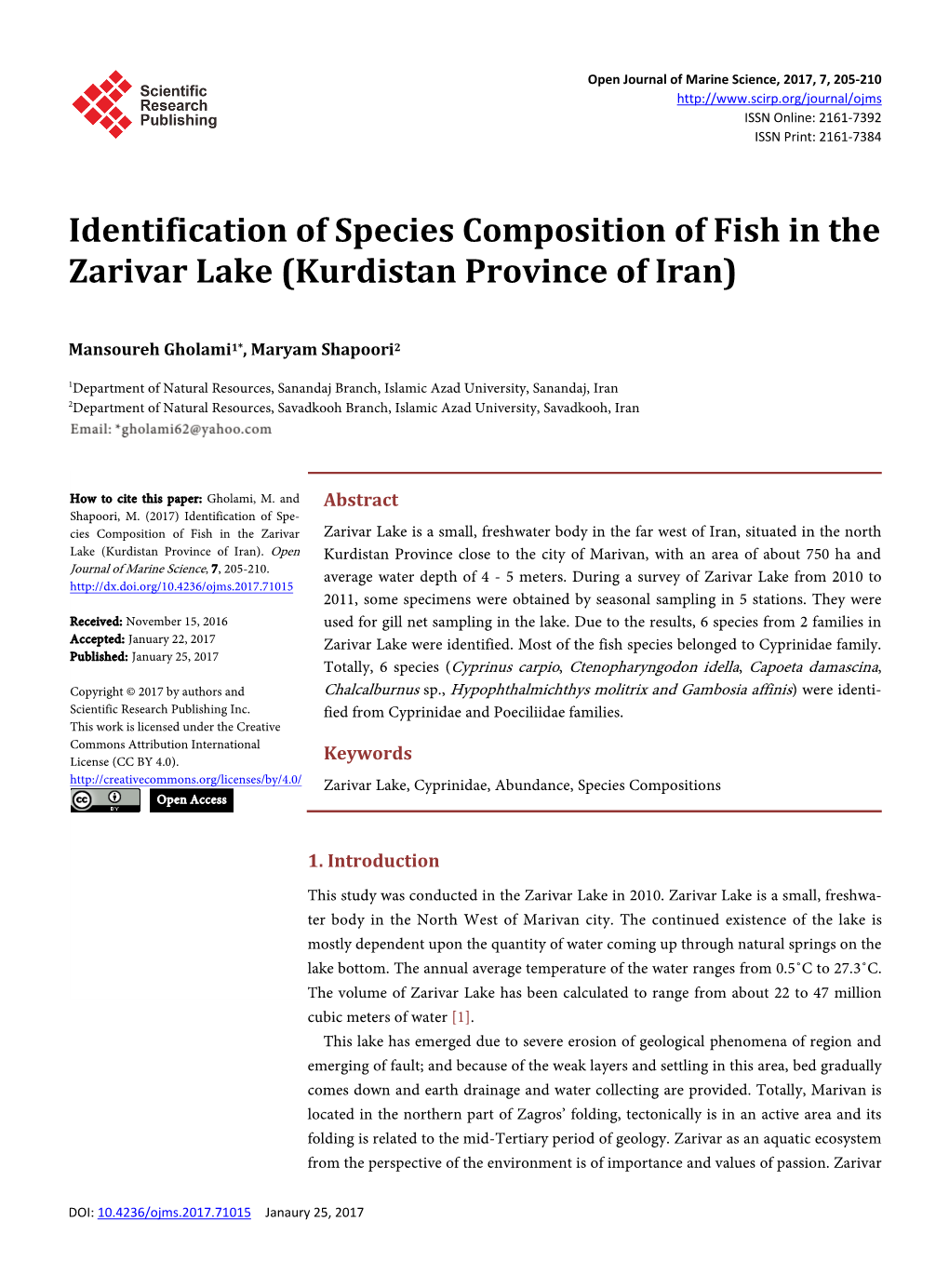 Identification of Species Composition of Fish in the Zarivar Lake (Kurdistan Province of Iran)