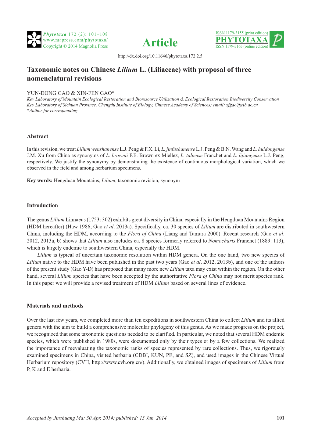 Taxonomic Notes on Chinese Lilium L. (Liliaceae) with Proposal of Three Nomenclatural Revisions