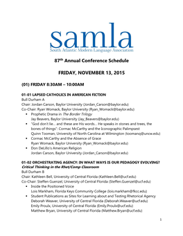87Th Annual Conference Schedule FRIDAY, NOVEMBER 13, 2015