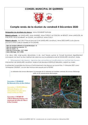 CONSEIL MUNICIPAL DE QUERRIEU Compte Rendu De La Réunion Du Vendredi 4 Décembre 2020