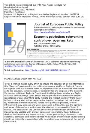 Economic Patriotism: Reinventing Control Over Open Markets Ben Clift & Cornelia Woll Published Online: 08 Feb 2012