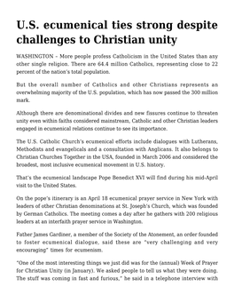 U.S. Ecumenical Ties Strong Despite Challenges to Christian Unity