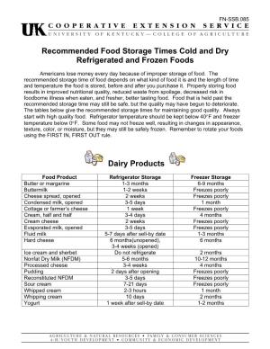 Recommended Food Storage Times Cold and Dry Refrigerated and Frozen Foods