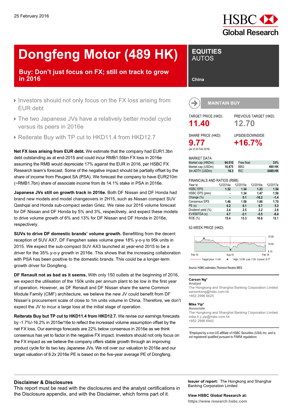 EQUITIES Dongfeng Motor (489 HK) AUTOS