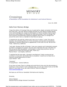 Crossings a Newsletter of the Foundation for Alzheimer's and Cultural Memory